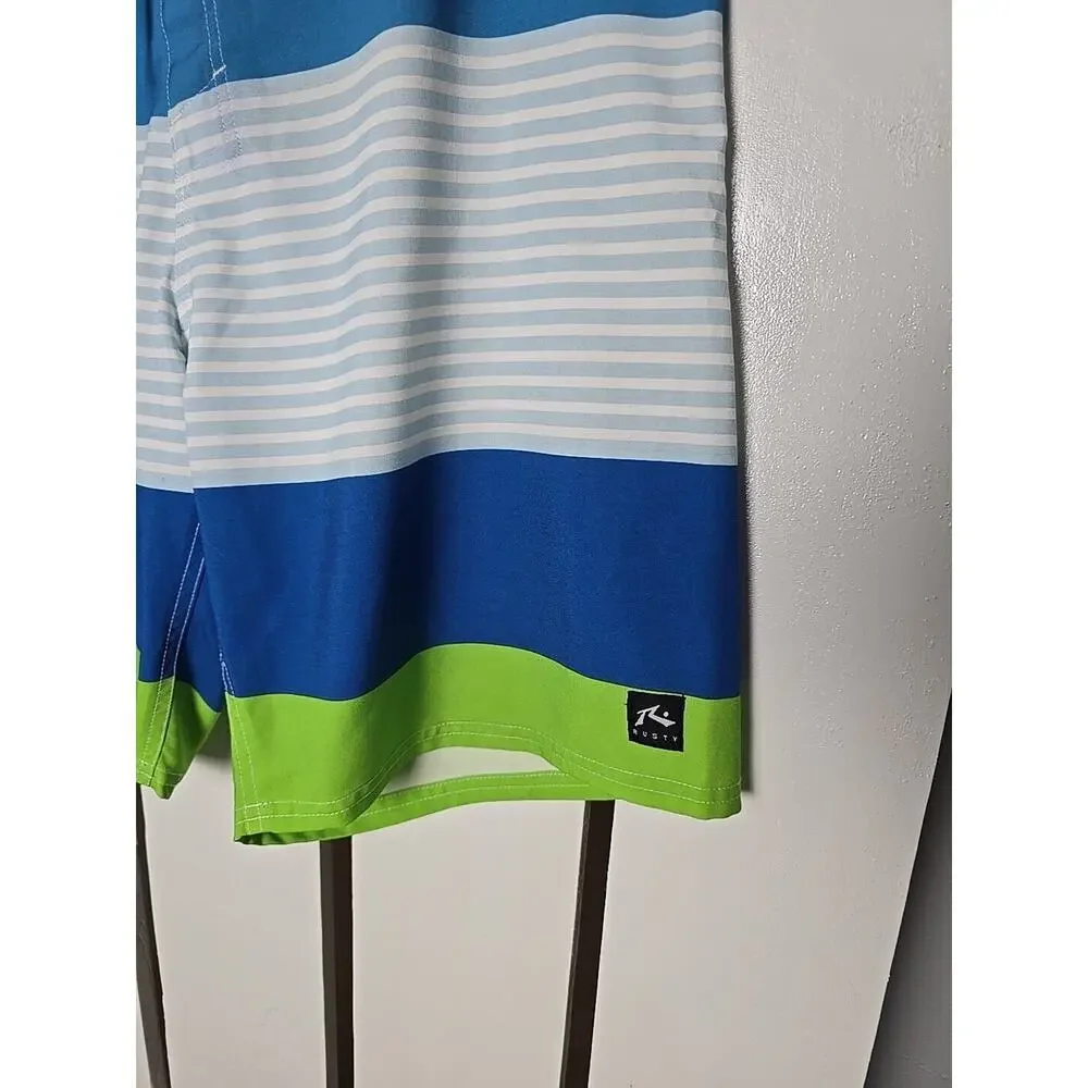 Rusty Board Shorts Striped Blue Green Hook & Loop Mens Size 33 Surfer Beach
